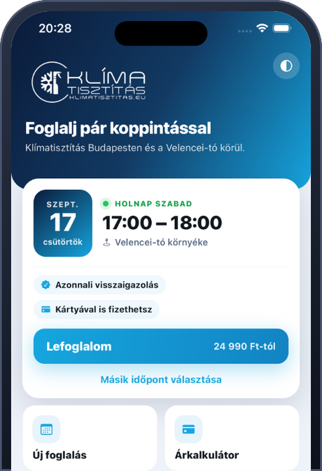 A Klímatisztítás app főoldala